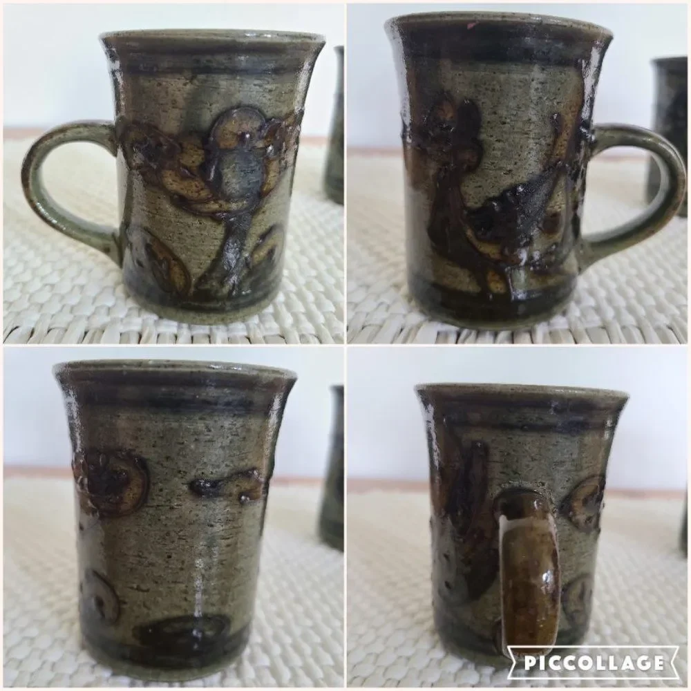 Vintage Handmade Brown Stoneware Glazed Pottery Coffee Mugs Tea Cups Eclectic